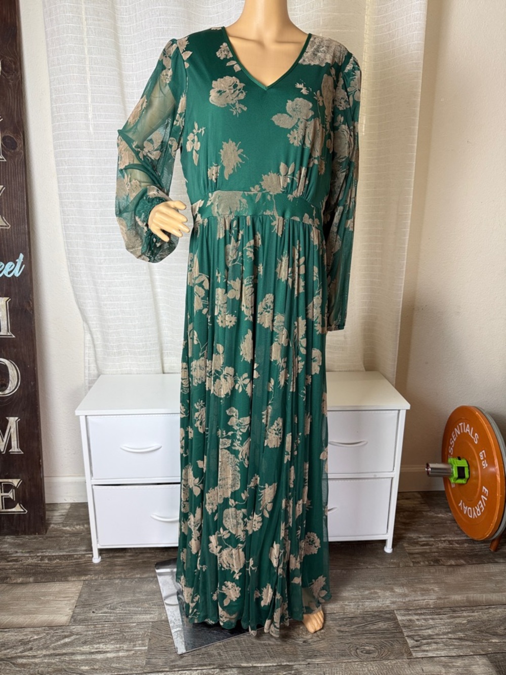 DM FASHION Forest Green Floral V-Neck Maxi Dress, XLARGE